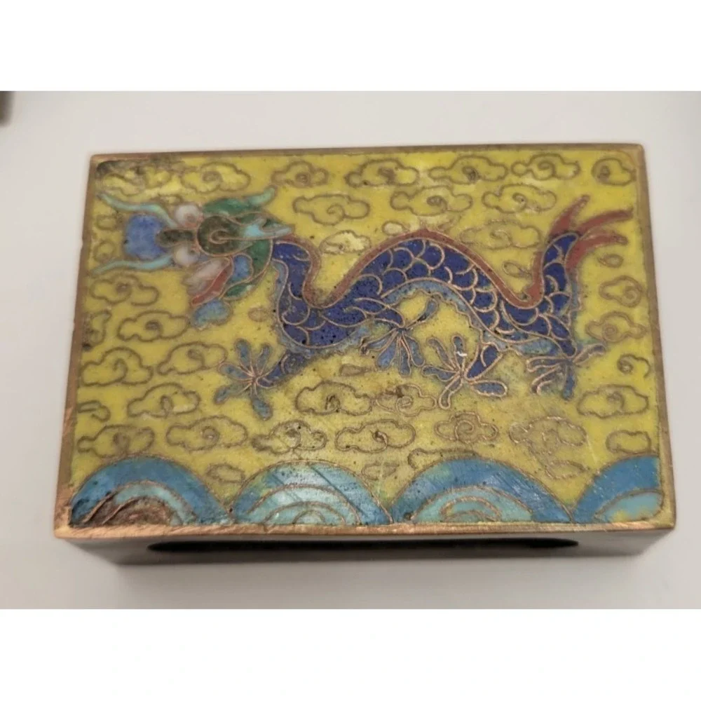 Lot of 3 vintage Chinese cloisonné enamel brass matchbox holders Dragon Flowers